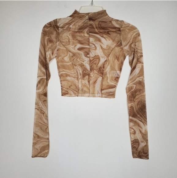 Naked Wardrobe Brown Marble Print Mock Neck Sheer Cropped Long Sleeve Top - Picture 4 of 8